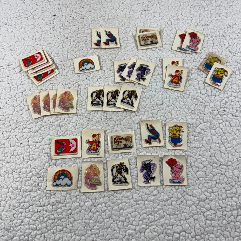 Vtg 35 Puffy Stickers 1984 He Man Skeletor Spiderman Barbie Chipmunks Jello Pops